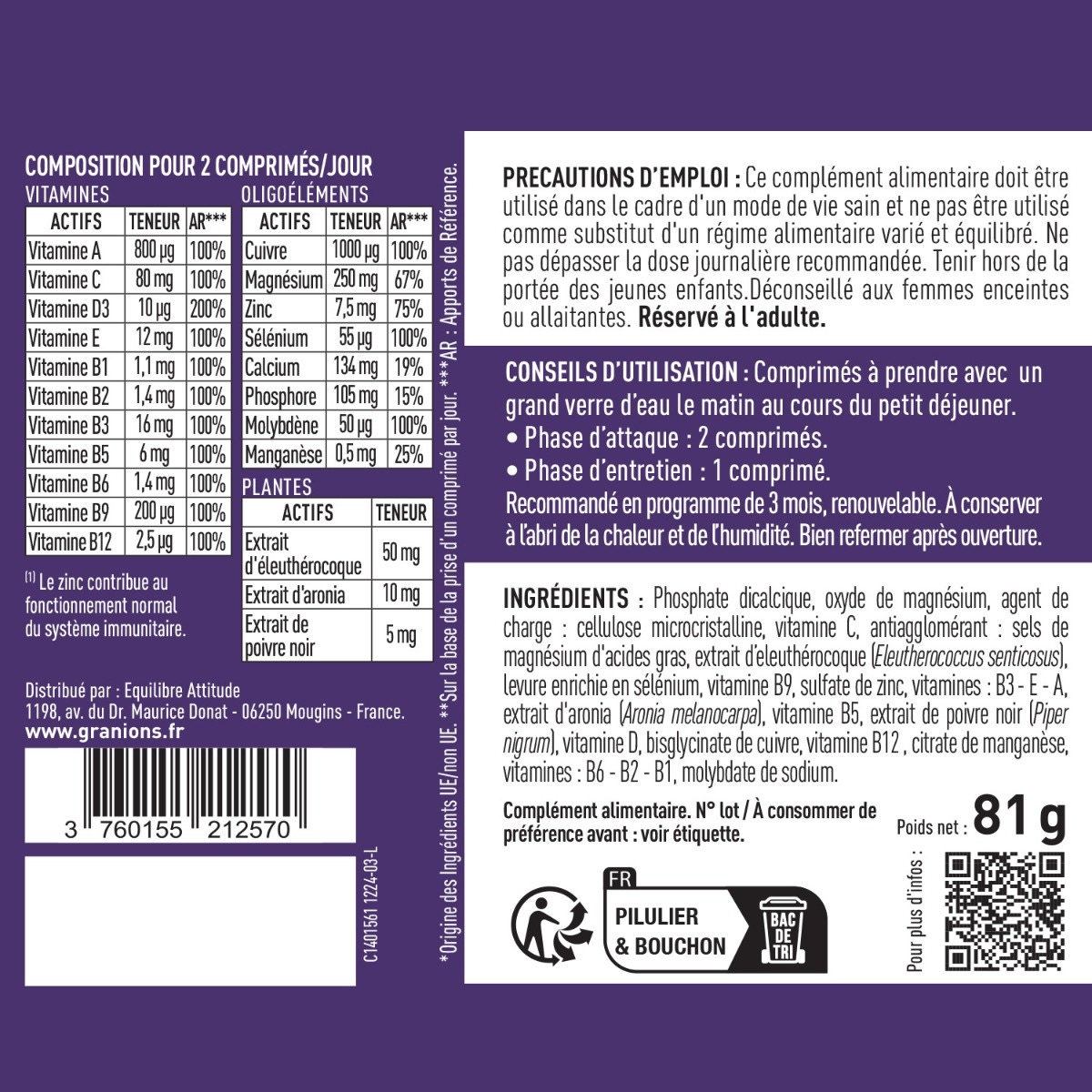 22 vitamines et minéraux-Vitamine A, B, C, E, D3 - Oligoélément, Zinc, Sélénium