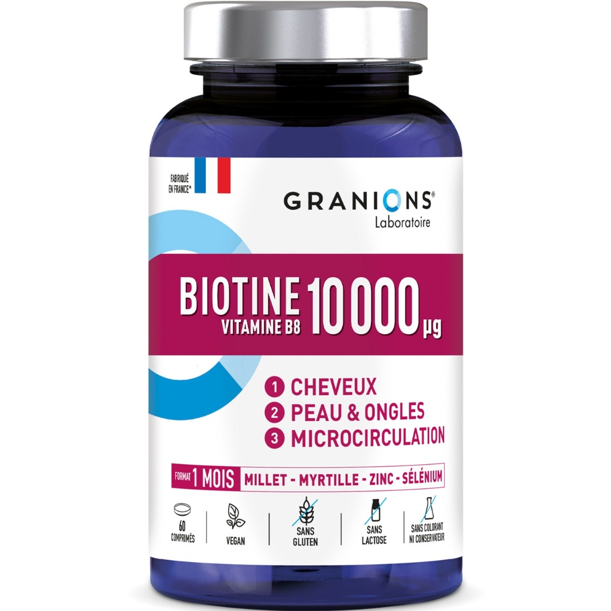 Biotine 10 000 µg - CHEVEUX, PEAU, ONGLES - MICROCIRCULATION - Vit. B5, B8, Millet, Cystine, Myrtille, Zinc, Sélénium