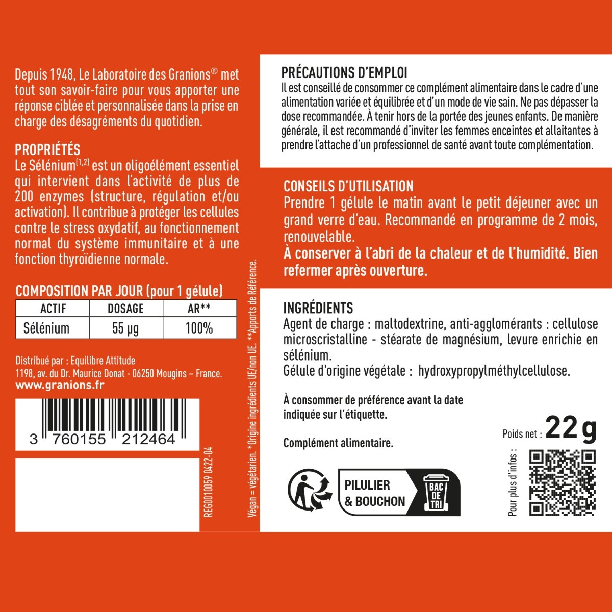 Sélénium 55 µg - 60 gélules - oligoélément essentiel - Convient aux femmes enceintes