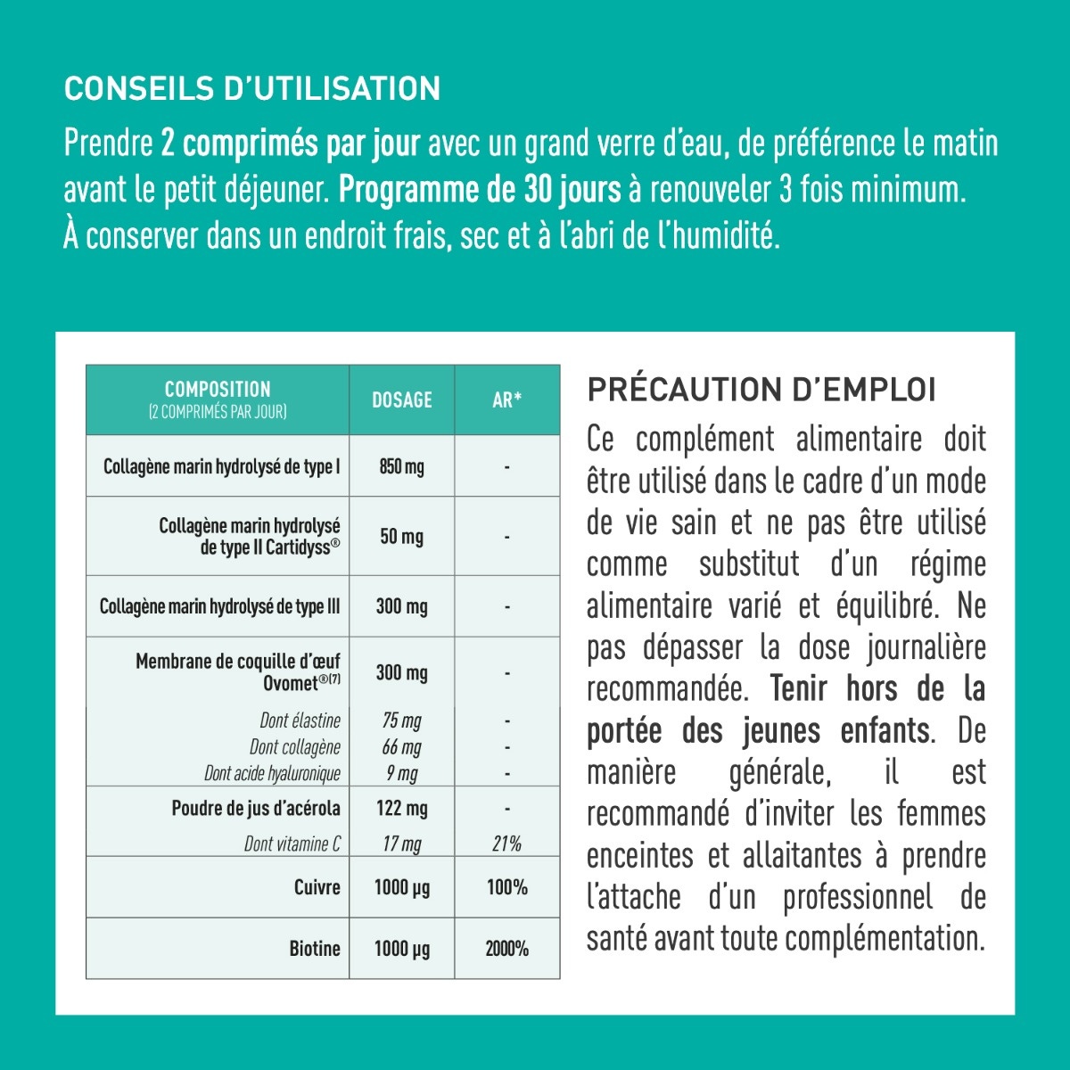 Collagène+ Multi type I, II, III, V, X - comprimé composition