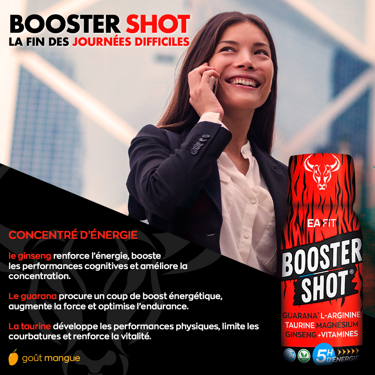 EAFIT Booster Shot - 5h d'énergie naturelle - Guarana - L-Arginine - Taurine - Magnésium - Ginseng - Vitamines - Shot unitaire - Pour les journées chargées